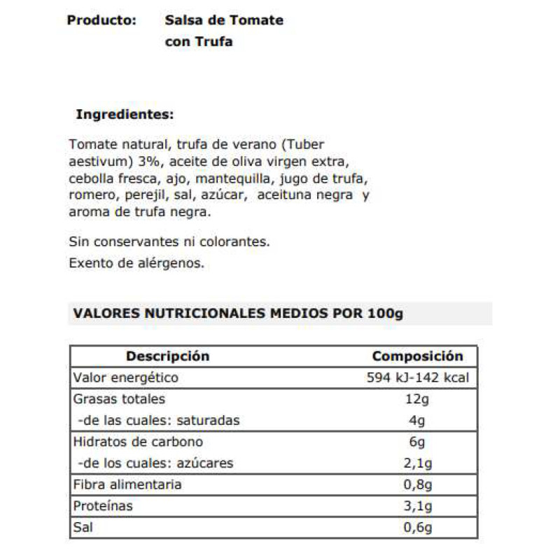 SALSA DE TOMATE CON TRUFA TARRO 140gr.